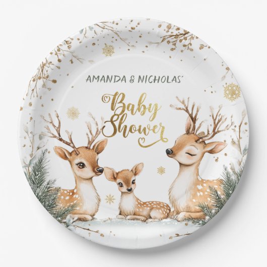 Schnee Winter Deer Baby Dusche Pappteller (Vorderseite)