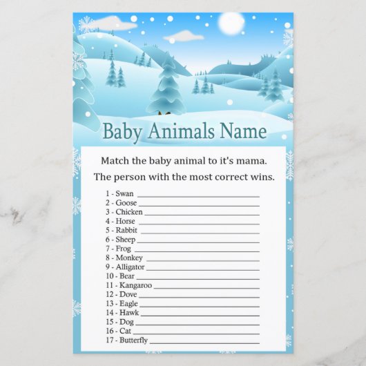 Schnee Winter Forest Baby Tiere Name Spiel (Vorderseite)