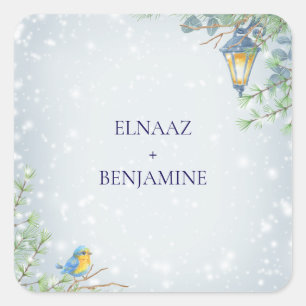 Schnee-Winter-Lampe und Vogel-Illustration Hochzei Quadratischer Aufkleber