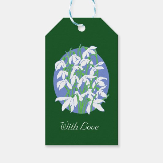 Schneeabfälle auf dem Hintergrund der weichen blau Geschenkanhänger (Vorderseite)