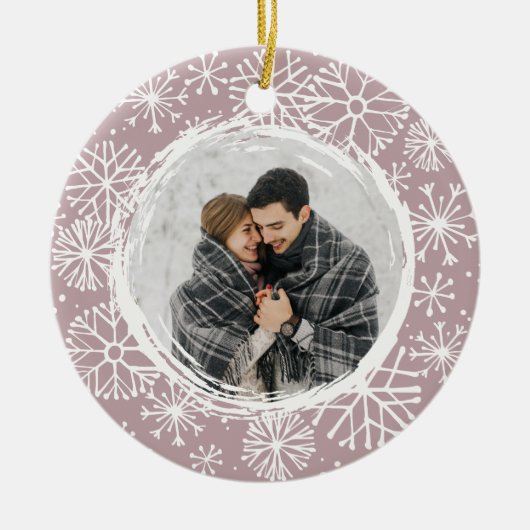 Schneeball | Doppelseitiges Foto Name & Jahr Keramik Ornament (Vorne)