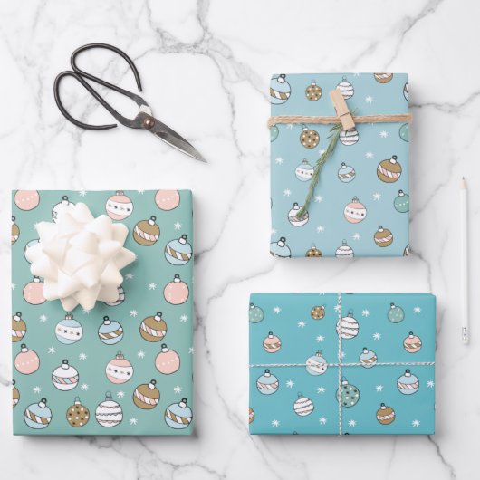 Schneeball-Weihnachten in Blau und Grün Geschenkpapier Set (Vorderseite)