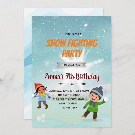 Schneeballkampf Geburtstagseinladung Einladung (Vorne/Hinten)