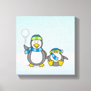 Schneeballwerfende Pinguine Leinwanddruck