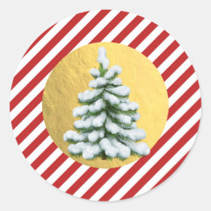 Schneebaum Weihnachten Rot Streifen Goldfolie Runder Aufkleber