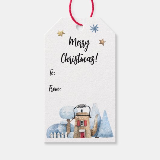 Schneebäume im Teakholz-Haus Geschenkanhänger (Vorderseite)