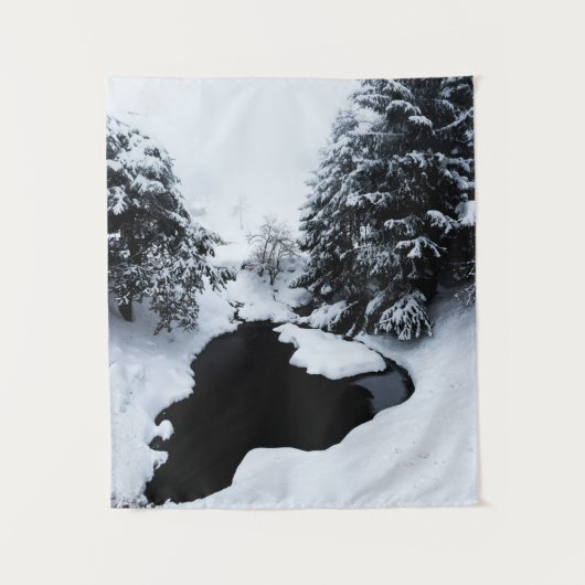 Schneebecken und Bäume verschwinden im Nebel Wandteppich (Vorderseite)