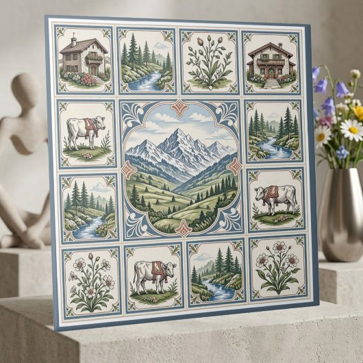 Schneebedeckte Alpen, rollende Wiesen, Kühe, rusti Fliese