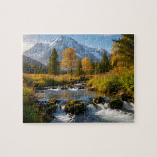 Schneebedeckte Bergbach-Landschaftspuzzle Puzzle