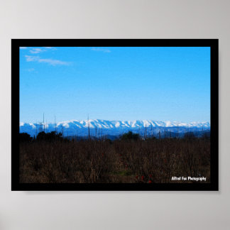 Schneebedeckte Berge hinter Persimmonfeld Poster