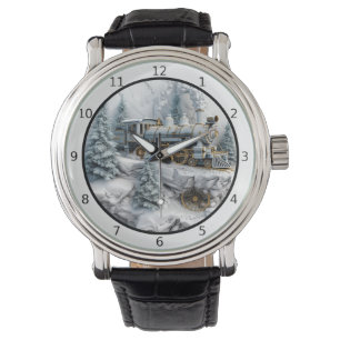 Schneebedeckte Berge mit Dampflok AI-Kunst Armbanduhr