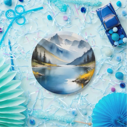 Schneebedeckte Berge und See Pappteller (Party)