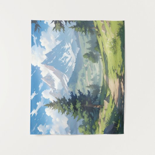 Schneebedeckte Berge und üppiger Grünwald Wandteppich (Vorderseite)