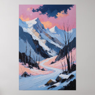 Schneebedeckte Bergstraße Winterlandschaft Malerei Poster