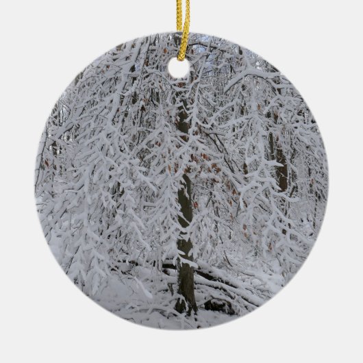 Schneebedeckte Birkenbaumkrone Keramik Ornament (Vorne)