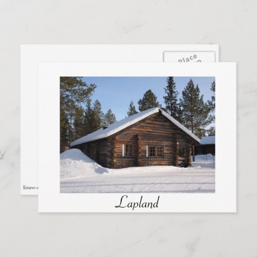 Schneebedeckte Blockhütte in Lappland-Textpostkart Postkarte (Vorne/Hinten)