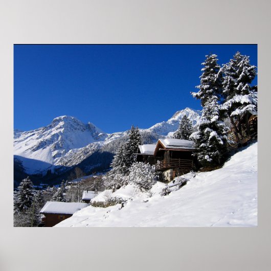 Schneebedeckte Blockhütten in der Schweiz Poster (Vorne)