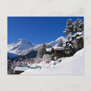 Schneebedeckte Blockhütten in der Schweiz Postkarte