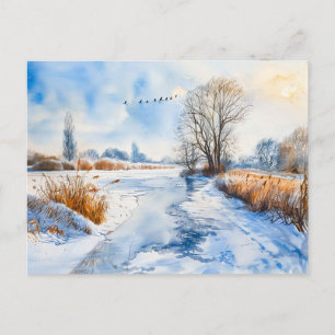 Schneebedeckte Flussufer im Winter Havelland Aquar Postkarte