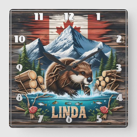 Schneebedeckte Gipfel und kanadischer Biber Quadratische Wanduhr (Vorderseite)