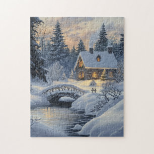 Schneebedeckte Hütte am Bach Puzzle