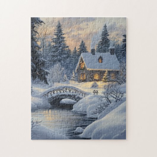 Schneebedeckte Hütte am Bach Puzzle (Vertikal)