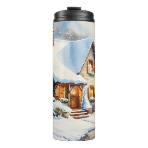Schneebedeckte Hütte Thermosbecher