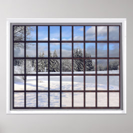 Schneebedeckte Imitate Winterlandschaft Fenster Poster