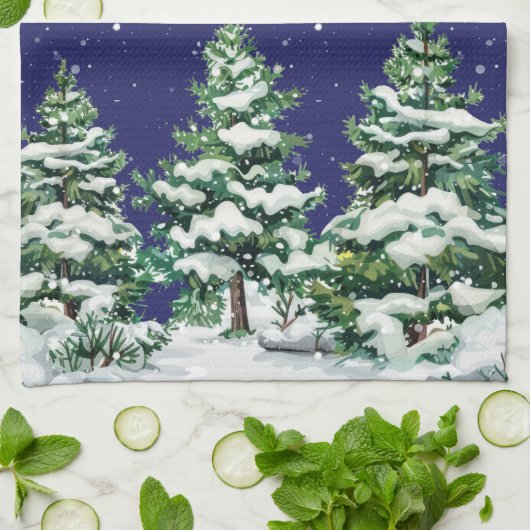 Schneebedeckte immergrüne Bäume mit Schneefall Geschirrtuch (Gefaltet)