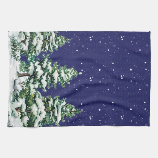 Schneebedeckte immergrüne Bäume mit Schneefall Geschirrtuch (Horizontal)