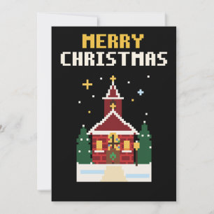 Schneebedeckte Kapelle Pixel Art Weihnachtskarte Feiertagskarte