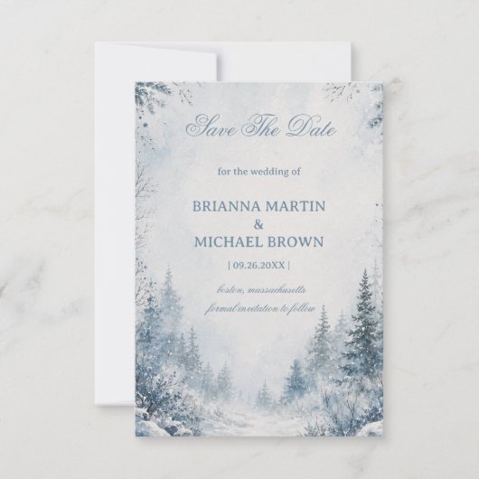Schneebedeckte Kiefern Blau Save The Date (Vorderseite)