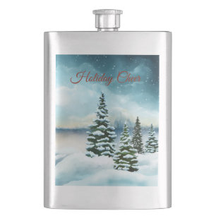 Schneebedeckte Kiefern in der Nähe eines Sees Flachmann