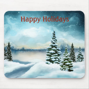 Schneebedeckte Kiefern in der Nähe eines Sees Mousepad