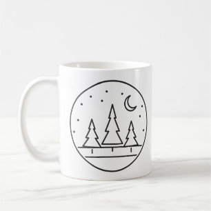 Schneebedeckte Kiefern Winter Nacht Linienkunst Kaffeetasse