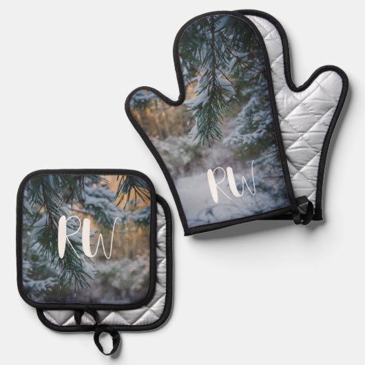 Schneebedeckte Kiefernäste Ofenhandschuh & Topflappen-Set (Vorderseite/Rückseite)