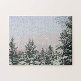 Schneebedeckte Pine Trees Moon Sunset Puzzle