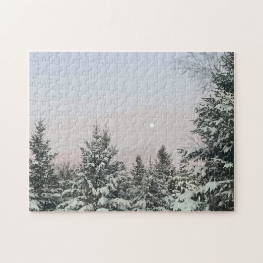 Schneebedeckte Pine Trees Moon Sunset Puzzle (Horizontal)