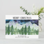 Schneebedeckte Pinienwälder Nachtzeit Feiertagskarte (Stehend Vorderseite)