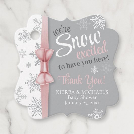 Schneebedeckte Pink-Graue-Schneeflocke Pink-Babydu Geschenkanhänger (Vorderseite)