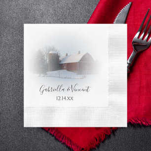 Schneebedeckte Scheune und Silo Winter Country Wed Serviette