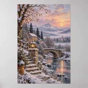 Schneebedeckte Steinbrücke und Berghütte Sonnenunt Poster