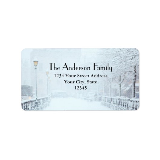 Schneebedeckte Straße mit Bäumen und Lampen Adressaufkleber (Vorne)