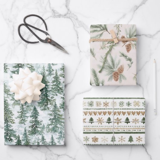 Schneebedeckte Weihnachtsbäume Geschenkpapier Set (Vorderseite)