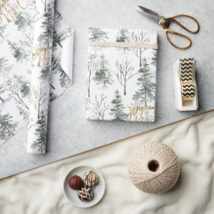 Schneebedeckte Winterbäume Joyeux Noel Gold-Typogr Geschenkpapier