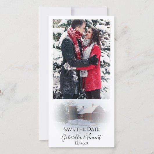 Schneebedeckte Winterhochzeit Save the Date (Vorderseite)