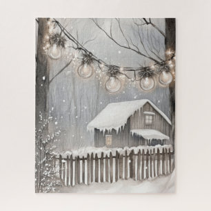 Schneebedeckte Winterhütte mit Lichterkette Puzzle