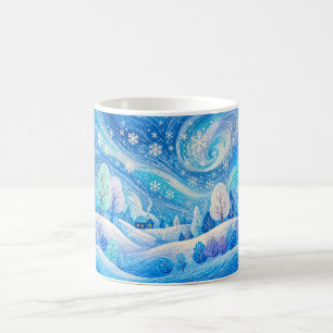 Schneebedeckter Bergwald mit treibendem Schnee Kaffeetasse