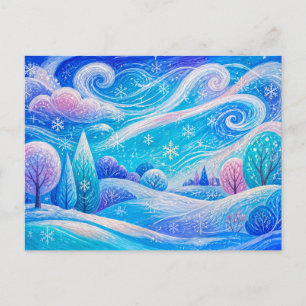 Schneebedeckter Bergwald mit treibendem Schnee Postkarte