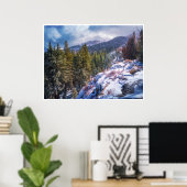 Schneebedeckter Bergwald-Wandkunst Alpine Winterdr Poster (Heimbüro)